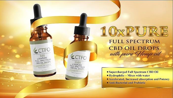 Shows what the10X-Pure Full Spectrum CBD Oil tintures look like plus benefits.